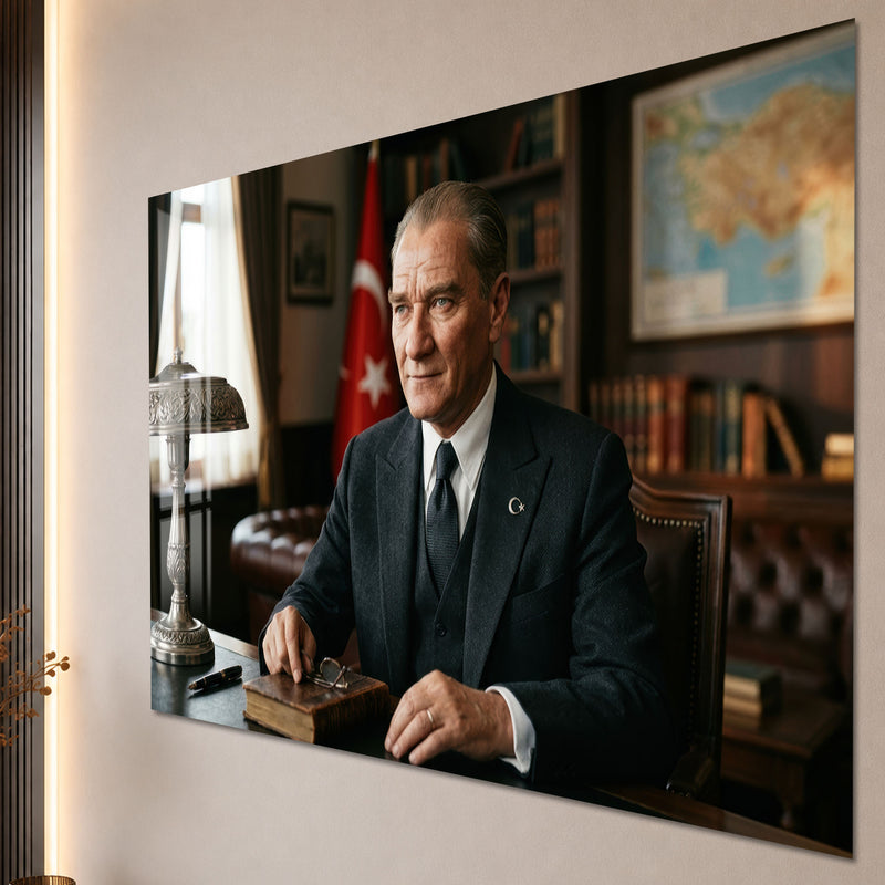 Masa Başında Bayraklı Atatürk Cam Tablo