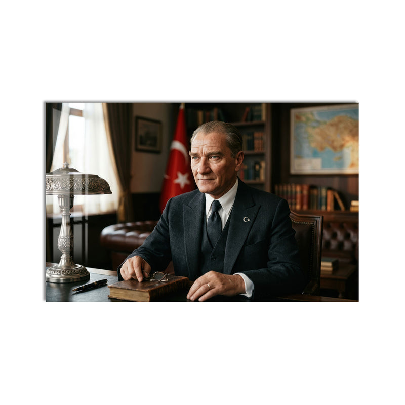 Masa Başında Bayraklı Atatürk Cam Tablo