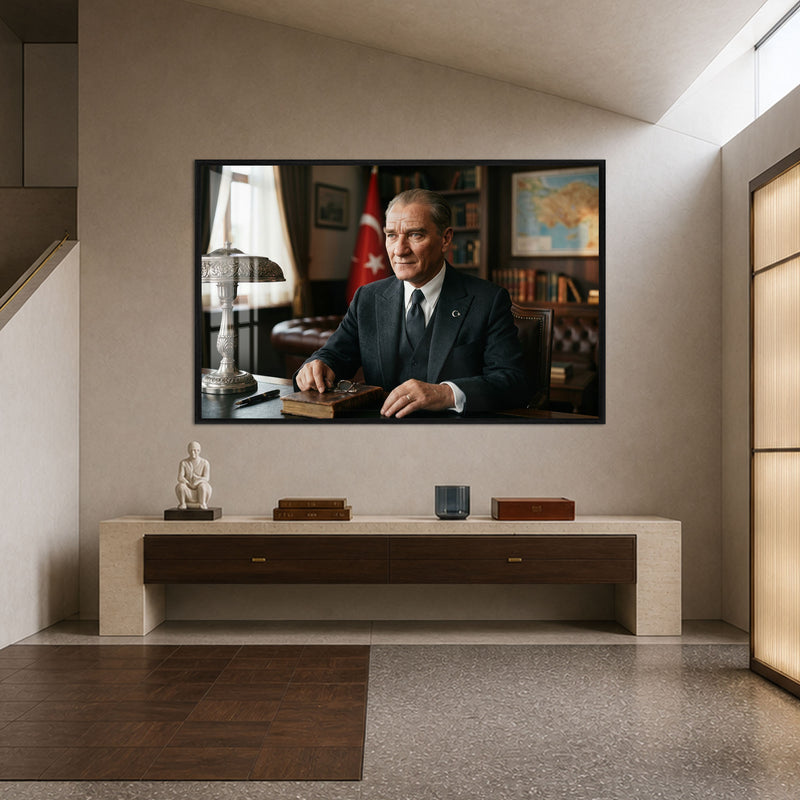 Masa Başında Bayraklı Atatürk Cam Tablo – Siyah Çerçeveli