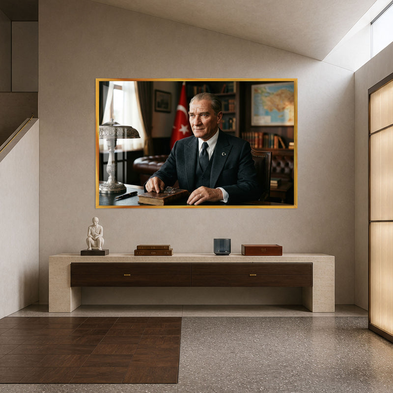 Masa Başında Bayraklı Atatürk Cam Tablo – Altın Çerçeveli