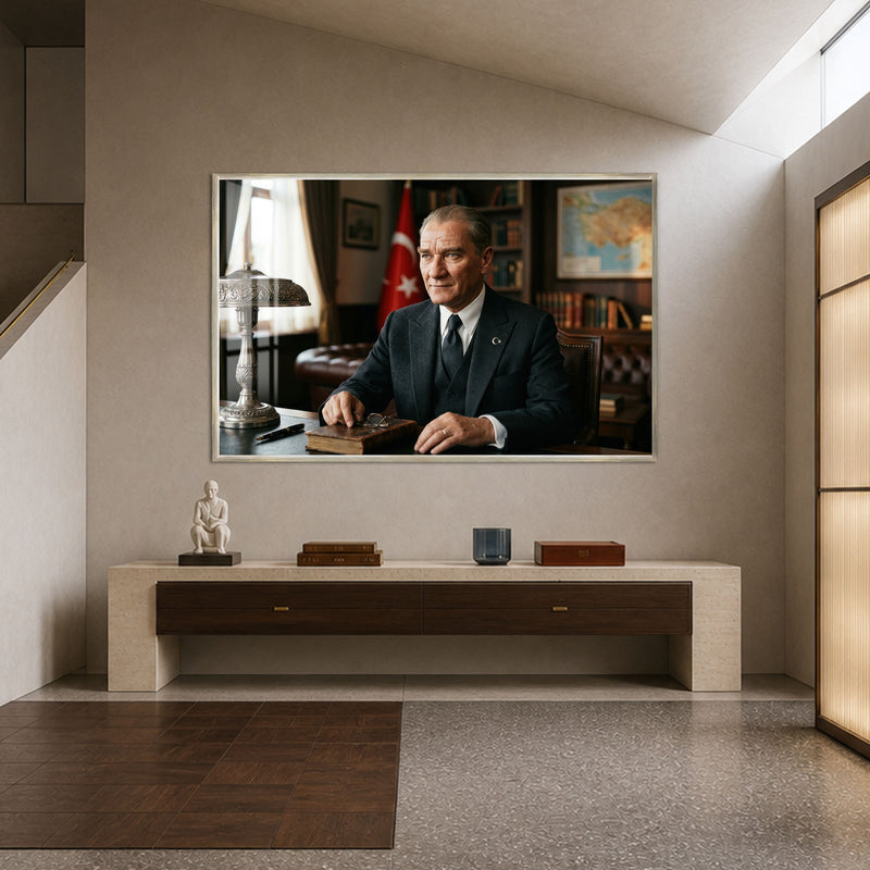 Masa Başında Bayraklı Atatürk Cam Tablo – Gümüş Çerçeveli