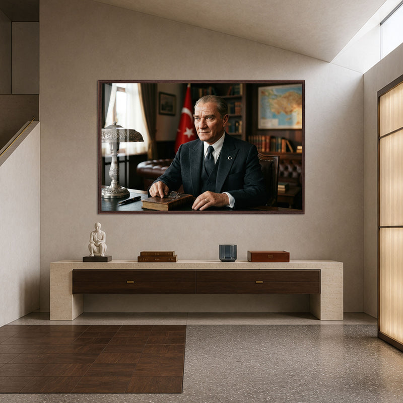 Masa Başında Bayraklı Atatürk Cam Tablo – Ceviz Çerçeveli