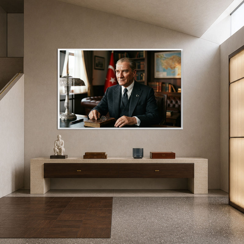 Masa Başında Bayraklı Atatürk Cam Tablo – Beyaz Çerçeveli