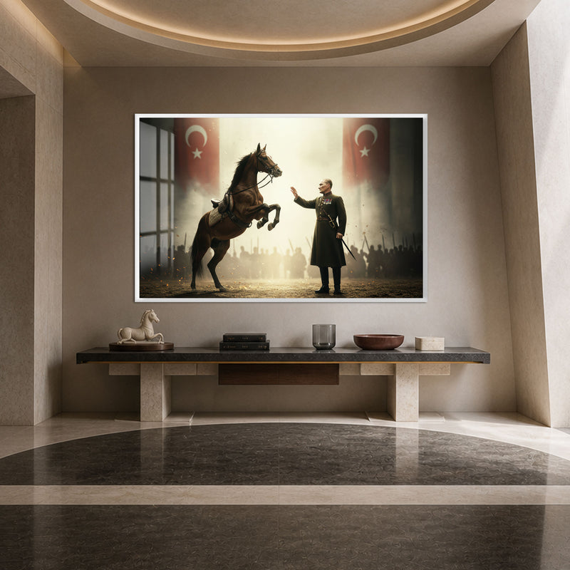 Atıyla Atatürk Cam Tablo – Beyaz Çerçeveli