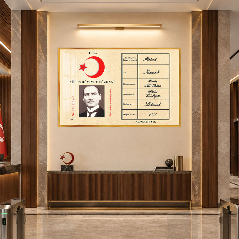 Nüfus Cüzdanı Atatürk Cam Tablo – Altın Çerçeveli
