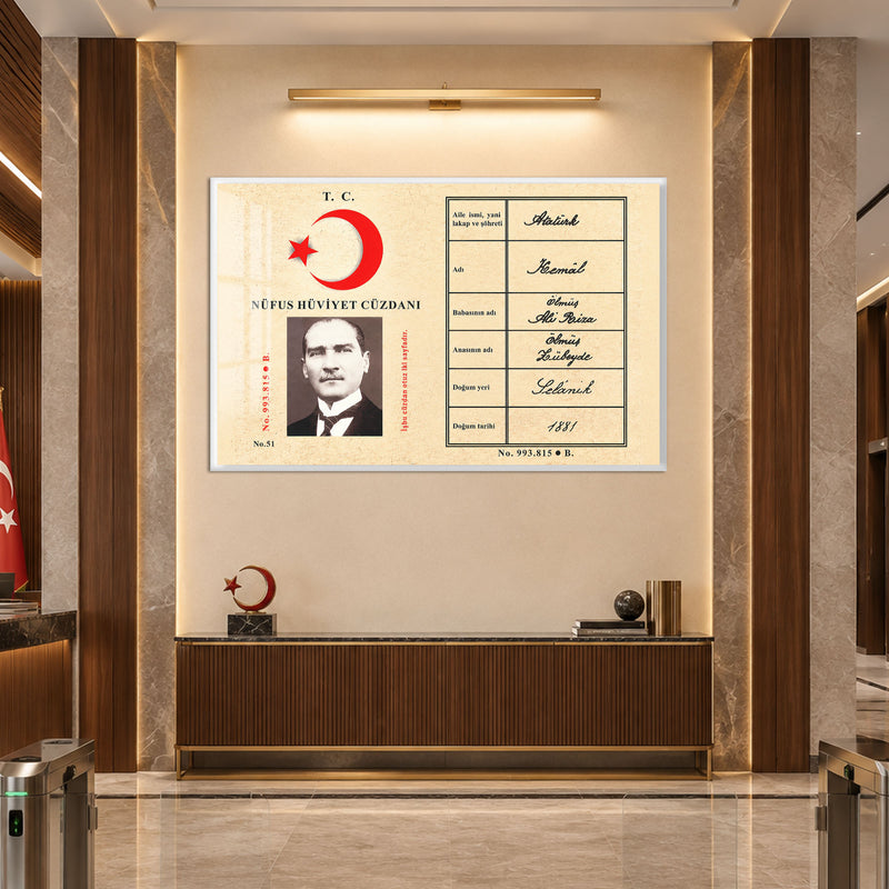 Nüfus Cüzdanı Atatürk Cam Tablo – Beyaz Çerçeveli