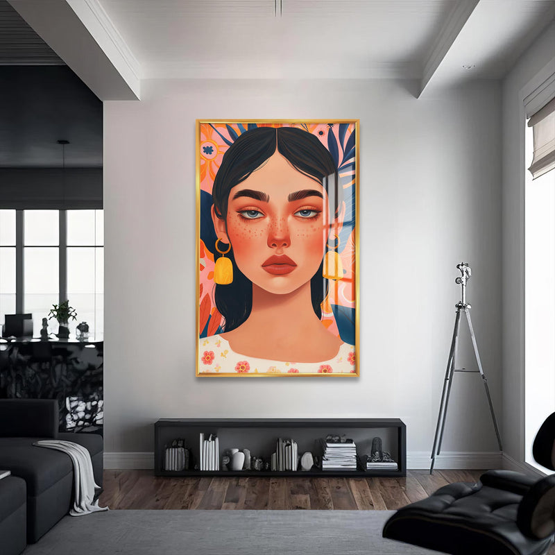 Portre Kadın Cam Tablo – Altın Çerçeveli Cam Tablo