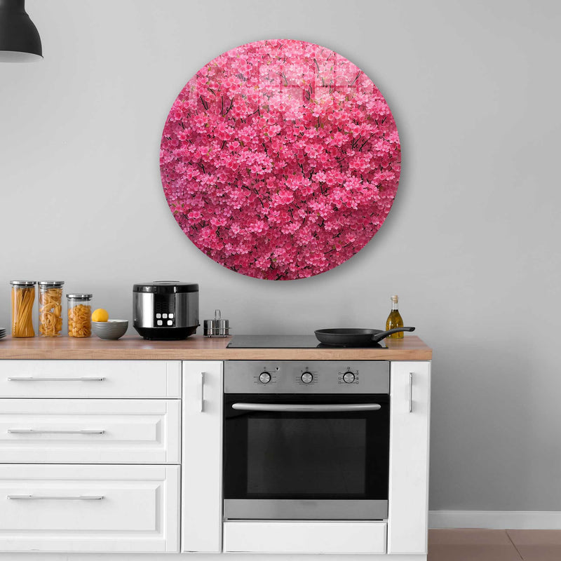 Pembe Çiçekler Yuvarlak Cam Tablo