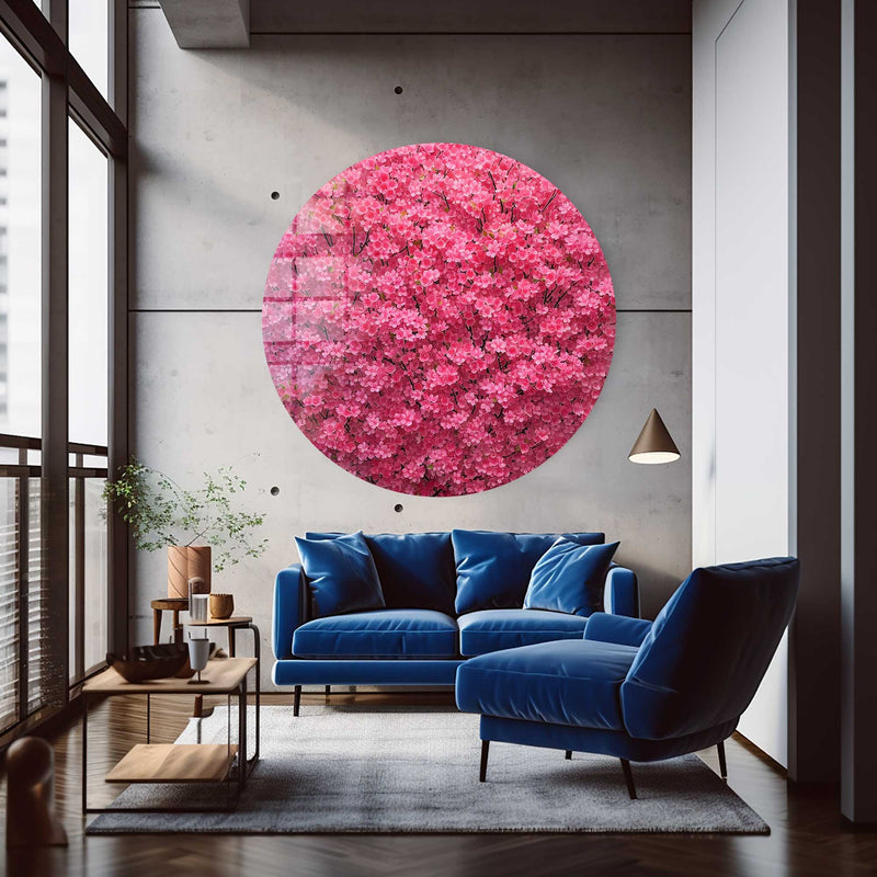 Pembe Çiçekler Yuvarlak Cam Tablo
