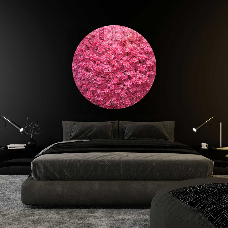 Pembe Çiçekler Yuvarlak Cam Tablo