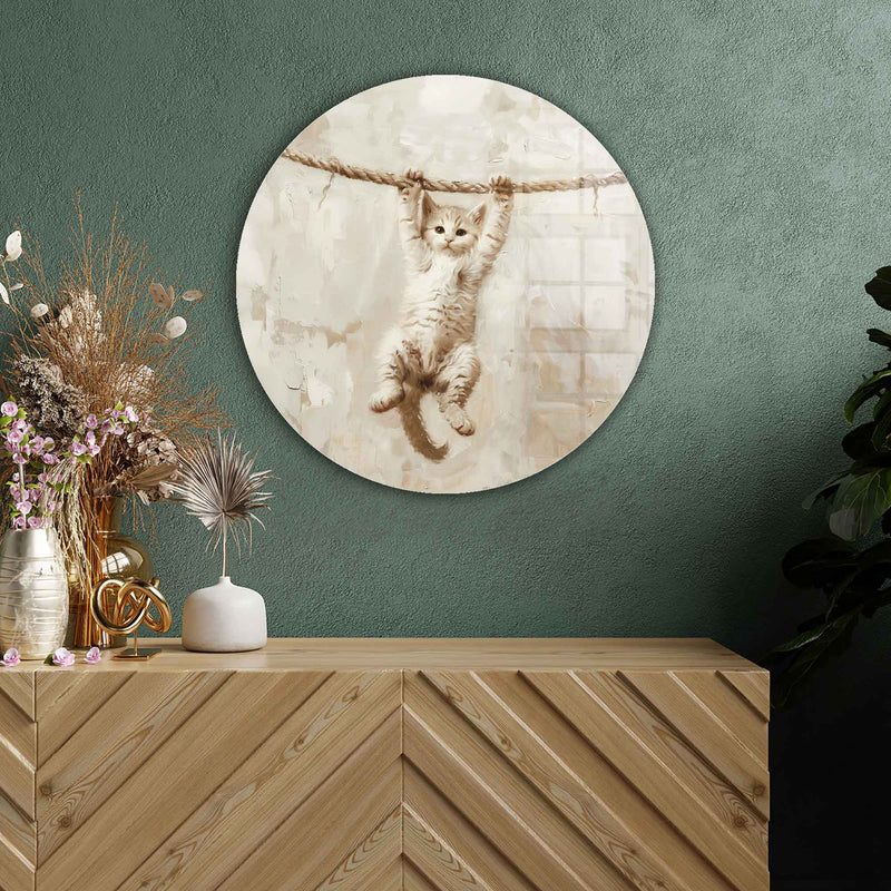Beyaz Kedi Yuvarlak Cam Tablo – Cam Tablo