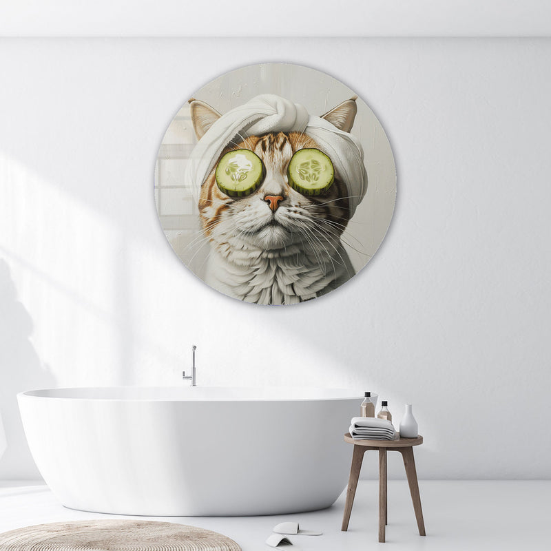 Bakımlı Kedi Yuvarlak Cam Tablo – Cam Tablo