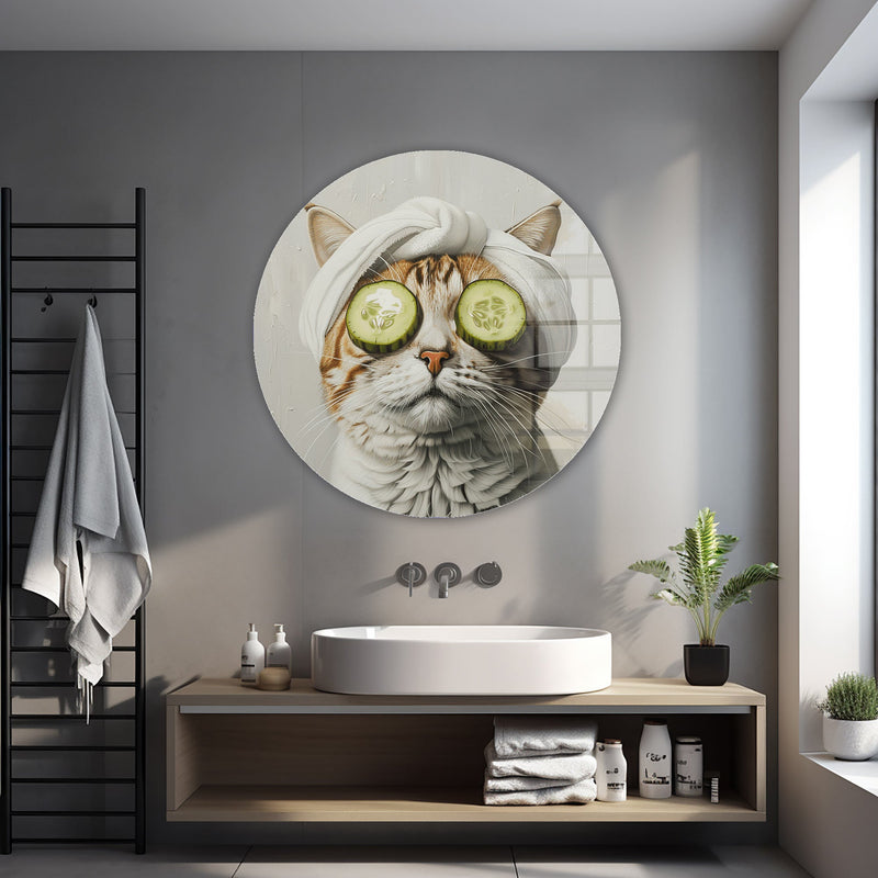Bakımlı Kedi Yuvarlak Cam Tablo – Cam Tablo