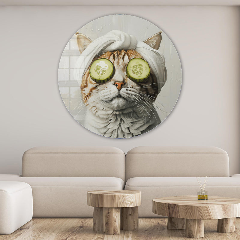 Bakımlı Kedi Yuvarlak Cam Tablo – Cam Tablo