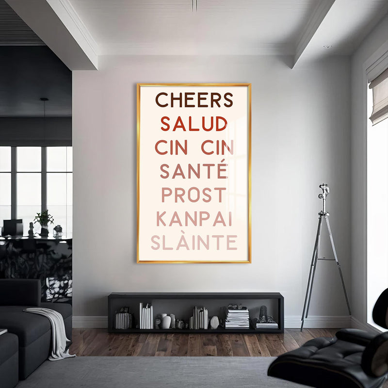 Cheers Dilleriyle Cam Tablo – Altın Çerçeveli Cam Tablo