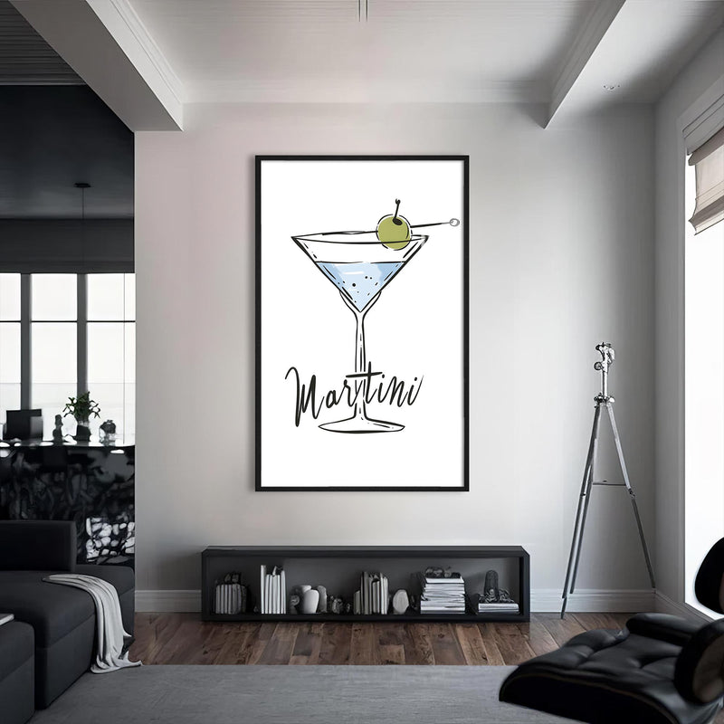Martini Çizimi Cam Tablo – Siyah Çerçeveli Cam Tablo