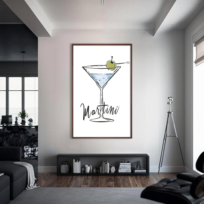 Martini Çizimi Cam Tablo – Ceviz Çerçeveli Cam Tablo