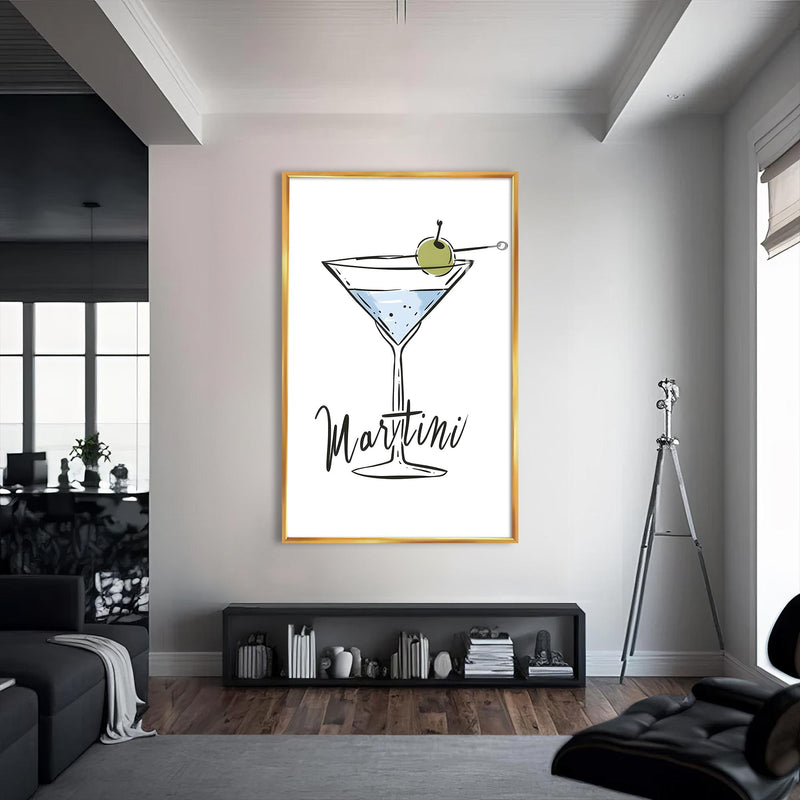 Martini Çizimi Cam Tablo – Altın Çerçeveli Cam Tablo