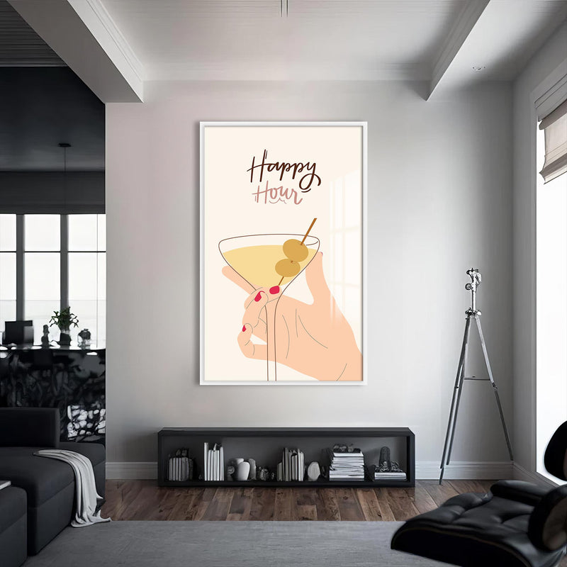 Happy Hour Cam Tablo – Beyaz Çerçeveli Cam Tablo