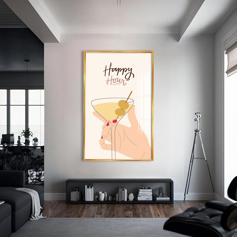 Happy Hour Cam Tablo – Altın Çerçeveli Cam Tablo