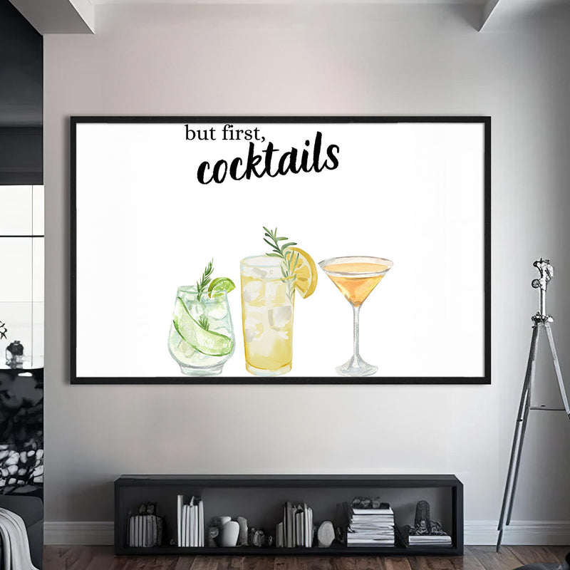But First Cocktails Cam Tablo – Siyah Çerçeveli Cam Tablo