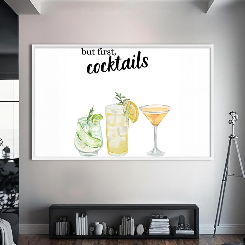But First Cocktails Cam Tablo – Beyaz Çerçeveli Cam Tablo
