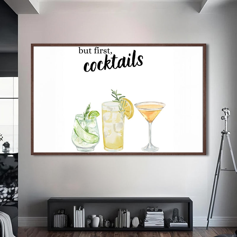 But First Cocktails Cam Tablo – Ceviz Çerçeveli Cam Tablo
