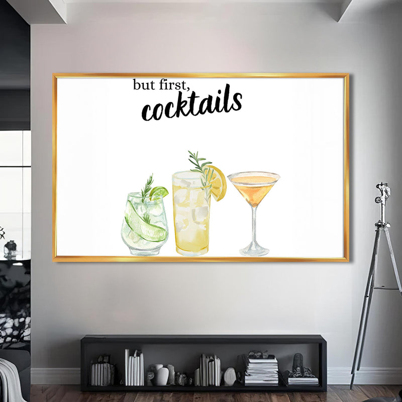 But First Cocktails Cam Tablo – Altın Çerçeveli Cam Tablo