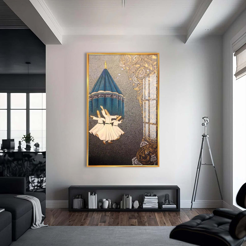 Mevlana ve Sema Cam Tablo – Altın Çerçeveli Cam Tablo