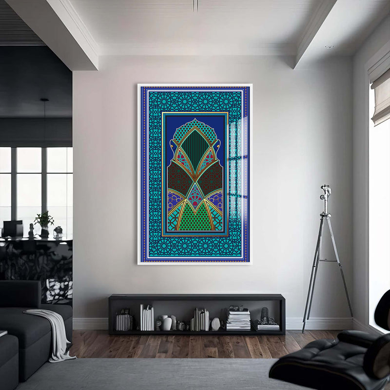 Geometrik Mescit Motifi Cam Tablo – Beyaz Çerçeveli Cam Tablo