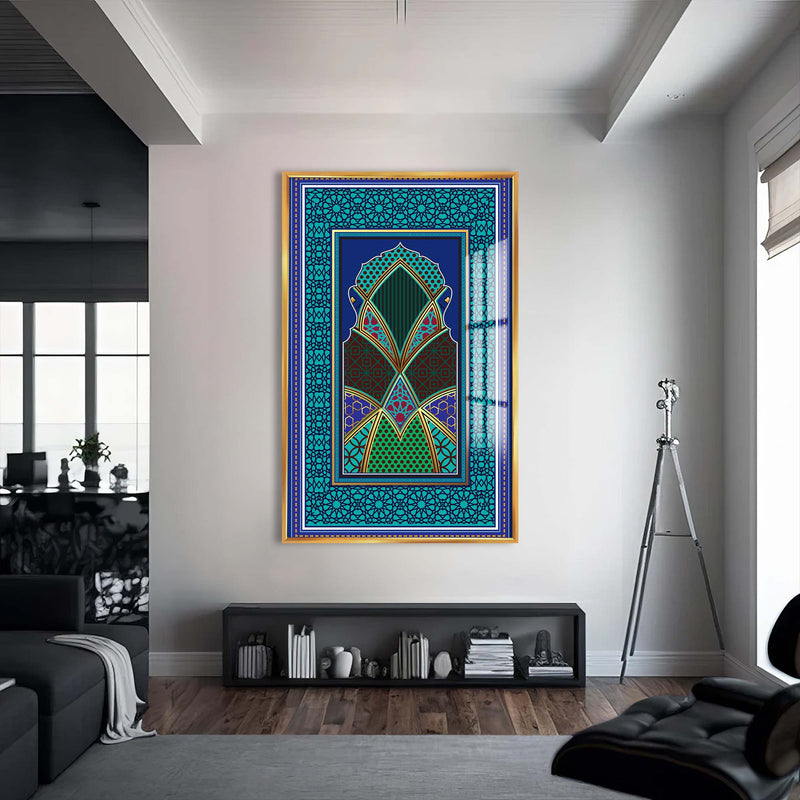 Geometrik Mescit Motifi Cam Tablo – Altın Çerçeveli Cam Tablo