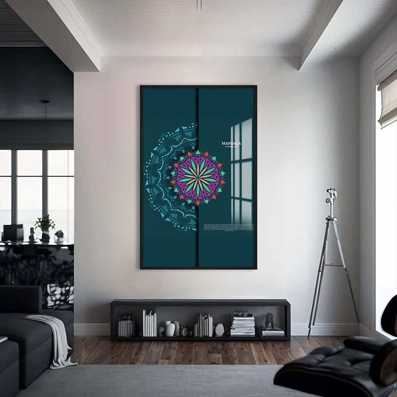 Mandala Motifli Cam Tablo – Siyah Çerçeveli Cam Tablo
