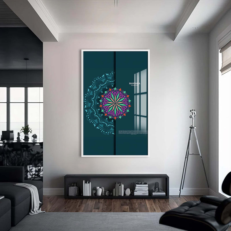 Mandala Motifli Cam Tablo – Beyaz Çerçeveli Cam Tablo