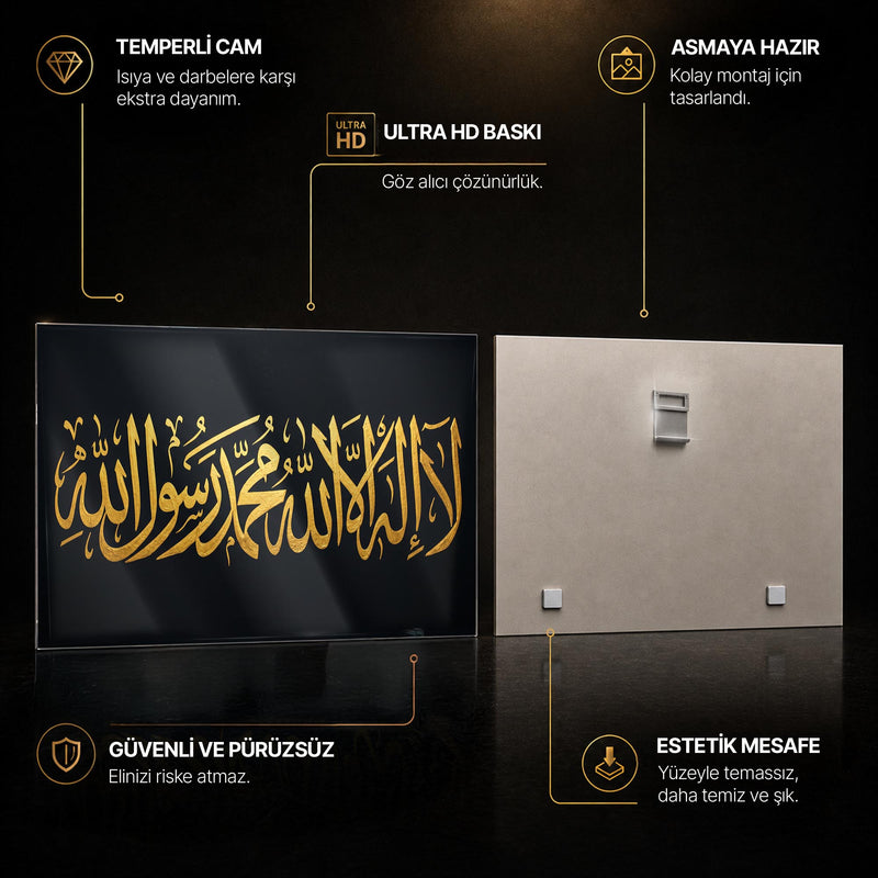 Kelime-i Şahadet Altın Hat Yatay Cam Tablo – Cam Tablo