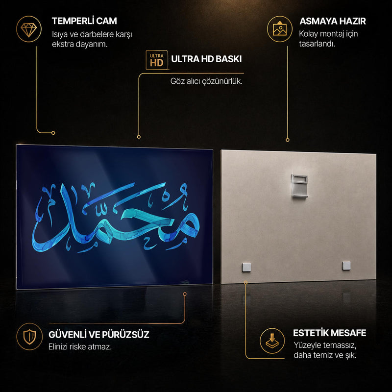 Muhammed Mavi Kristal Hat Yatay Cam Tablo – Cam Tablo