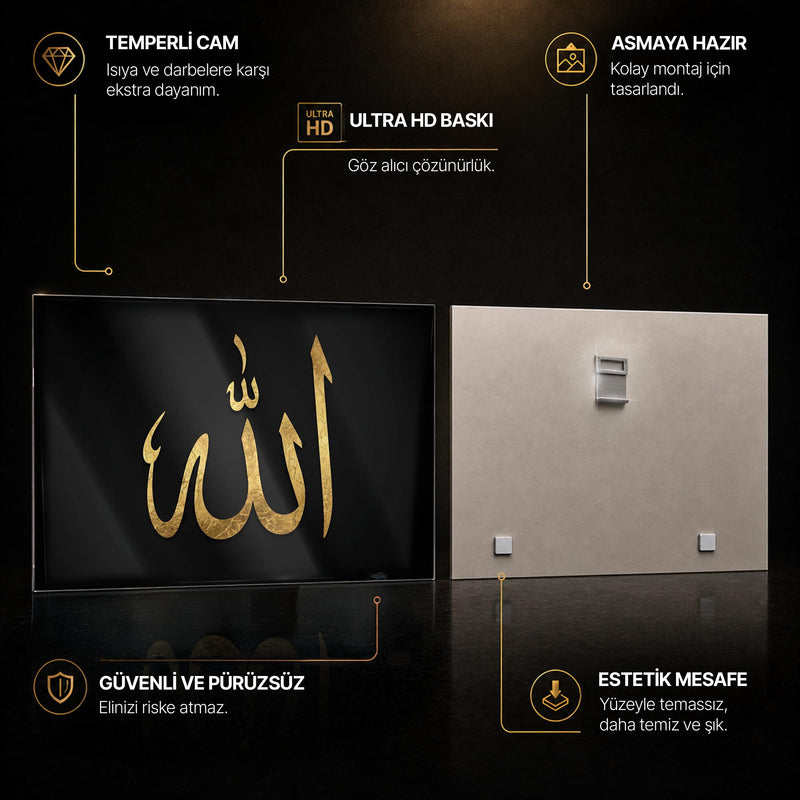 Allah Altın Hat Siyah Yatay Cam Tablo – Cam Tablo
