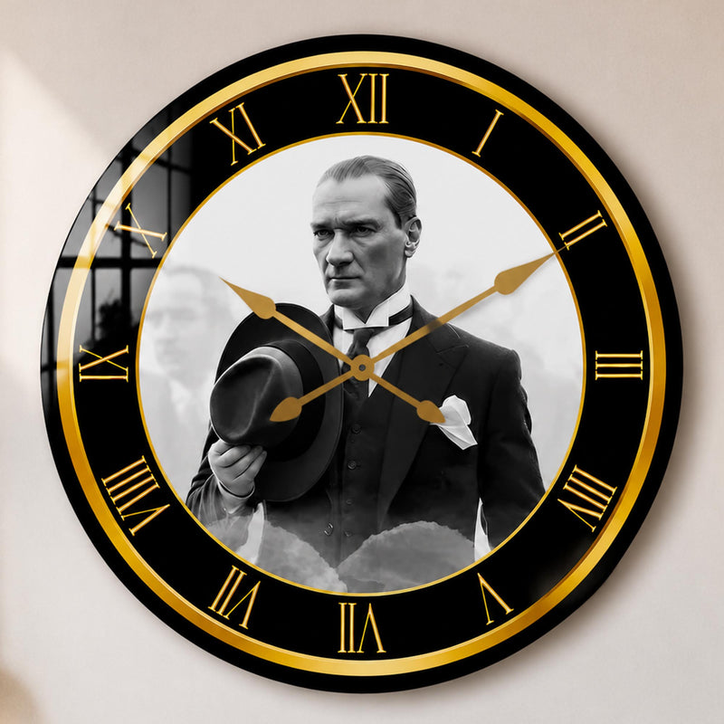 Şapkalı Atatürk Portresi Cam Duvar Saati