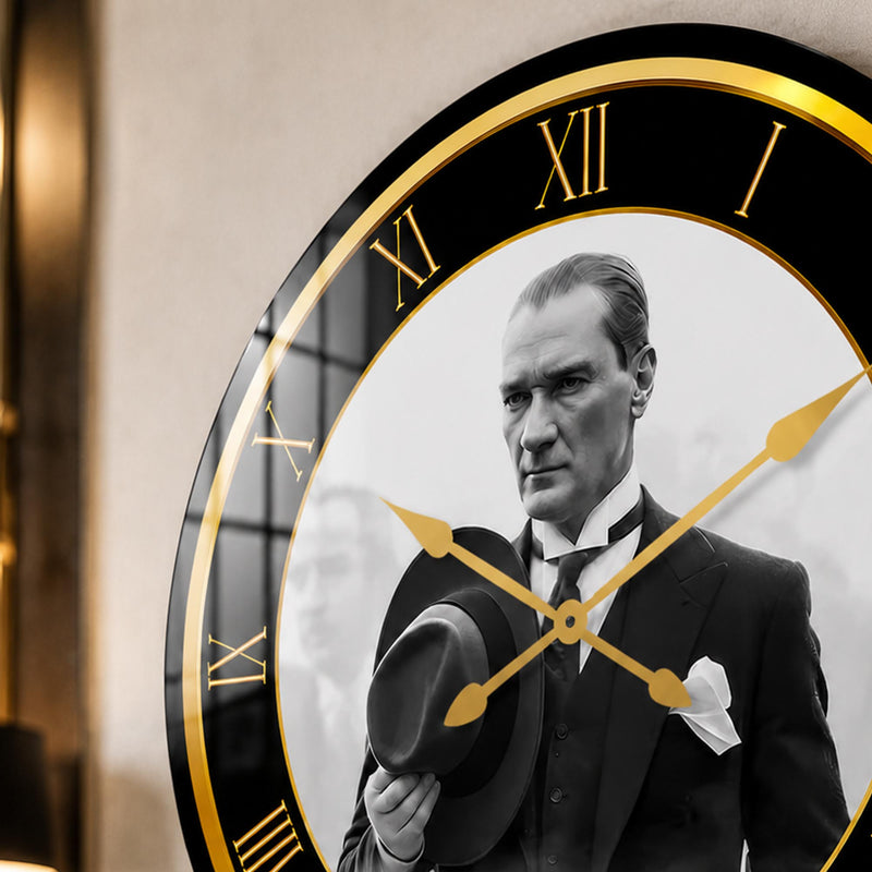 Şapkalı Atatürk Portresi Cam Duvar Saati