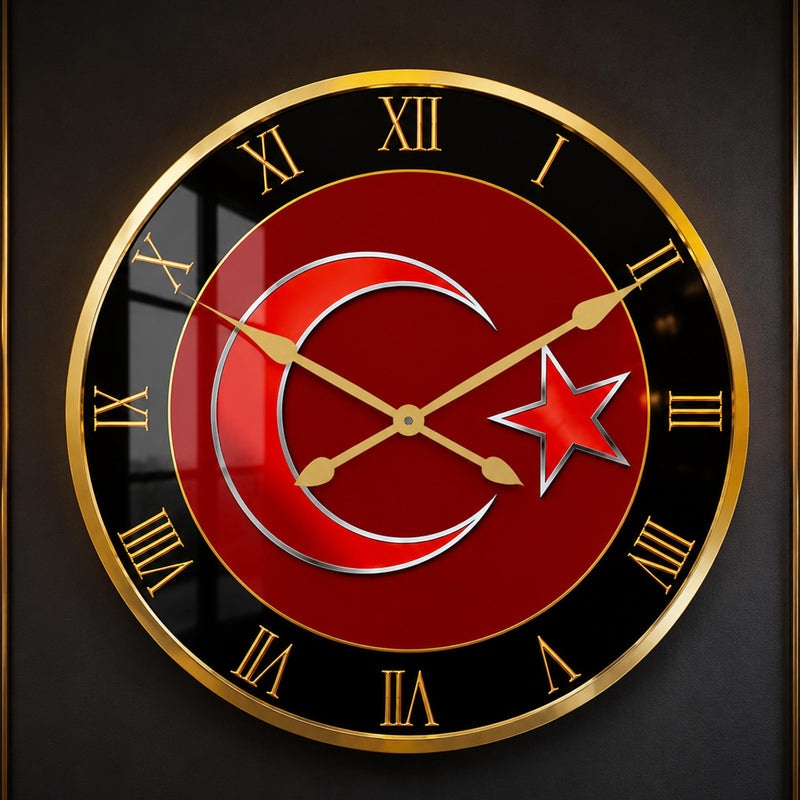 Altın Çerçeveli Türk Bayrağı Cam Duvar Saati