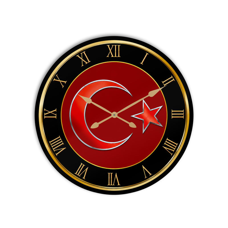Altın Çerçeveli Türk Bayrağı Cam Duvar Saati