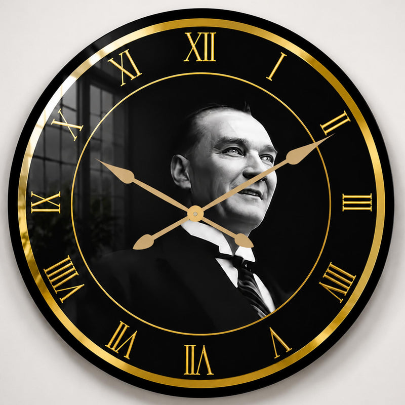 Altın Atatürk Portresi Cam Duvar Saati