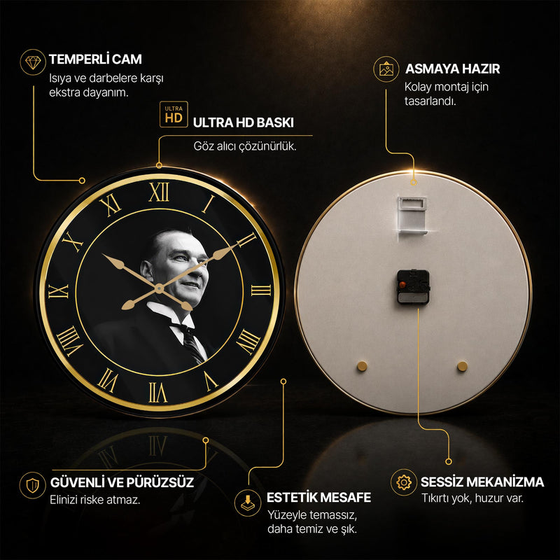 Altın Atatürk Portresi Cam Duvar Saati