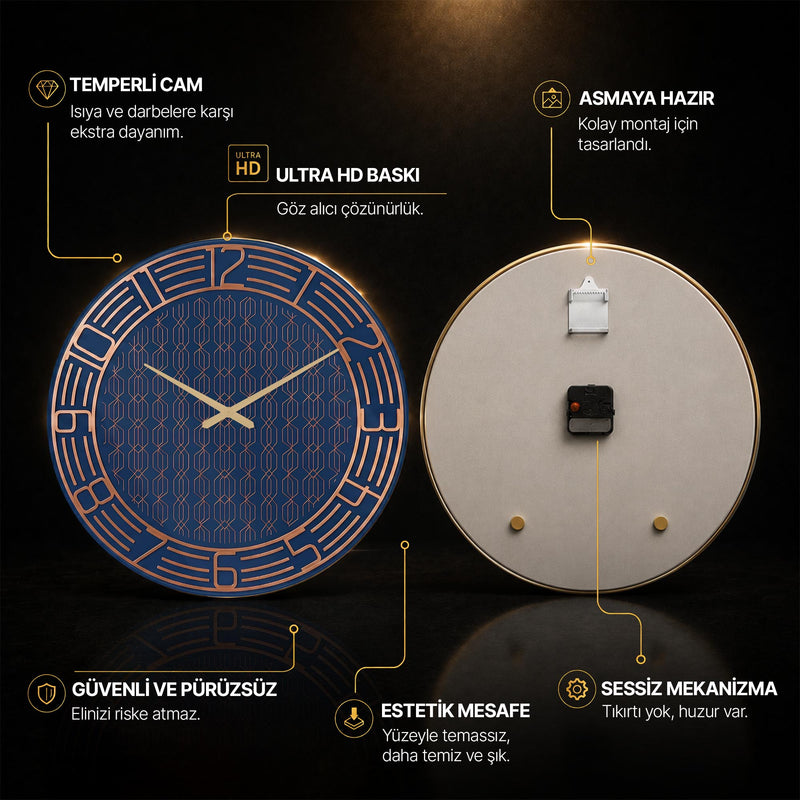 Art Deco Lacivert Cam Duvar Saati