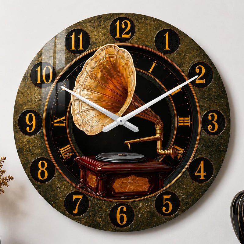 Nostaljik Gramofon Cam Duvar Saati