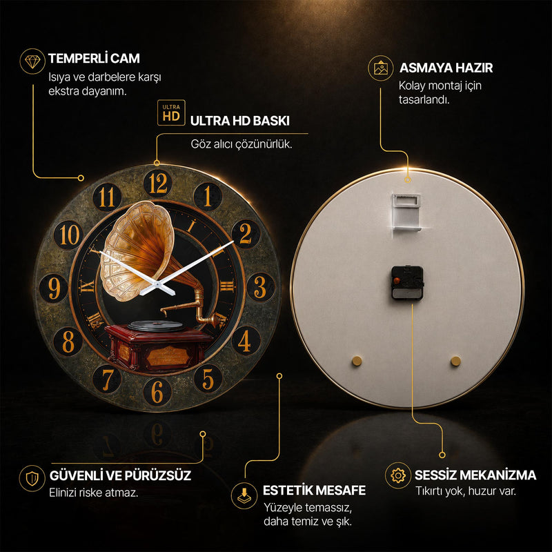 Nostaljik Gramofon Cam Duvar Saati