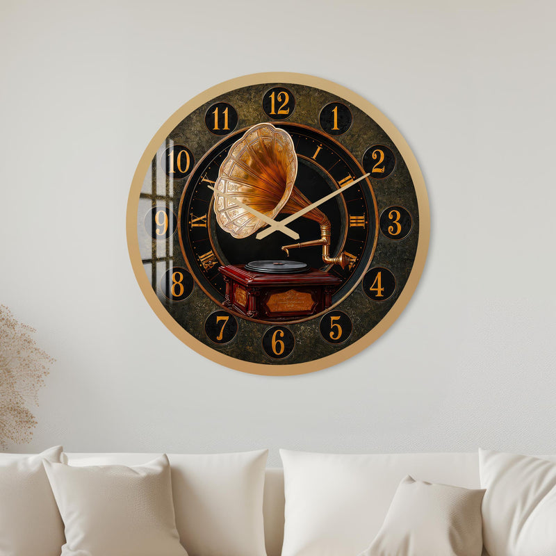Nostaljik Gramofon Cam Duvar Saati