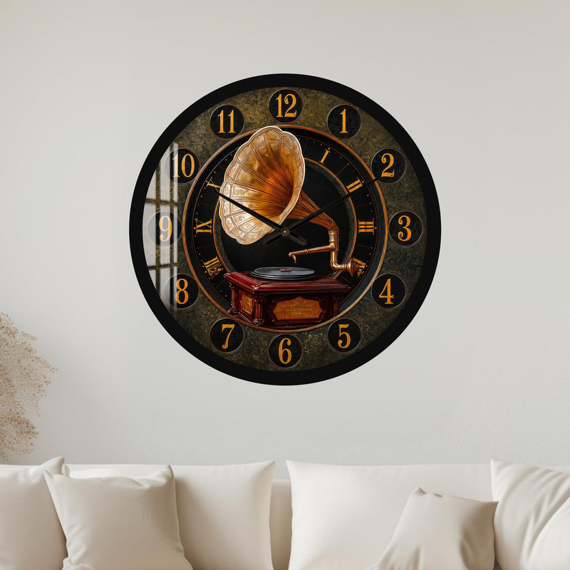 Nostaljik Gramofon Cam Duvar Saati