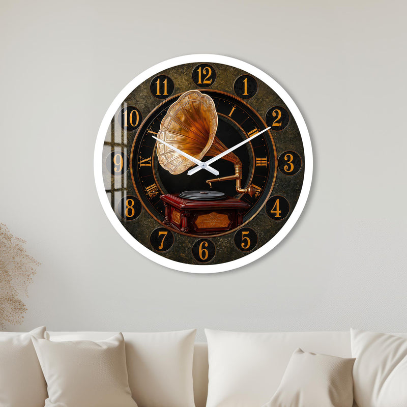 Nostaljik Gramofon Cam Duvar Saati