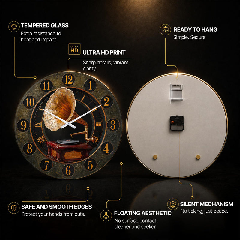 Nostaljik Gramofon Cam Duvar Saati