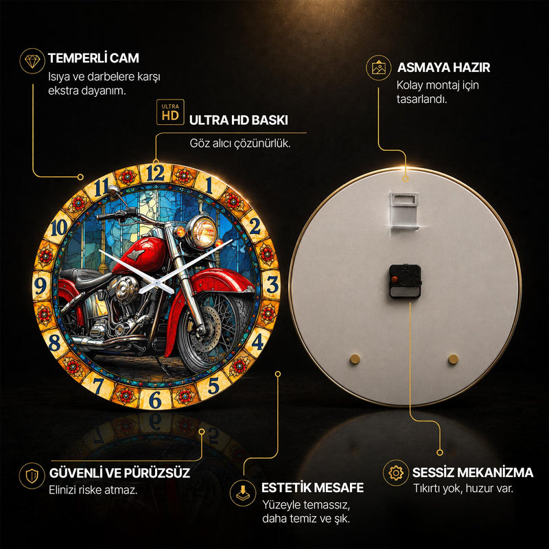 Vitray Kızıl Motor Cam Duvar Saati
